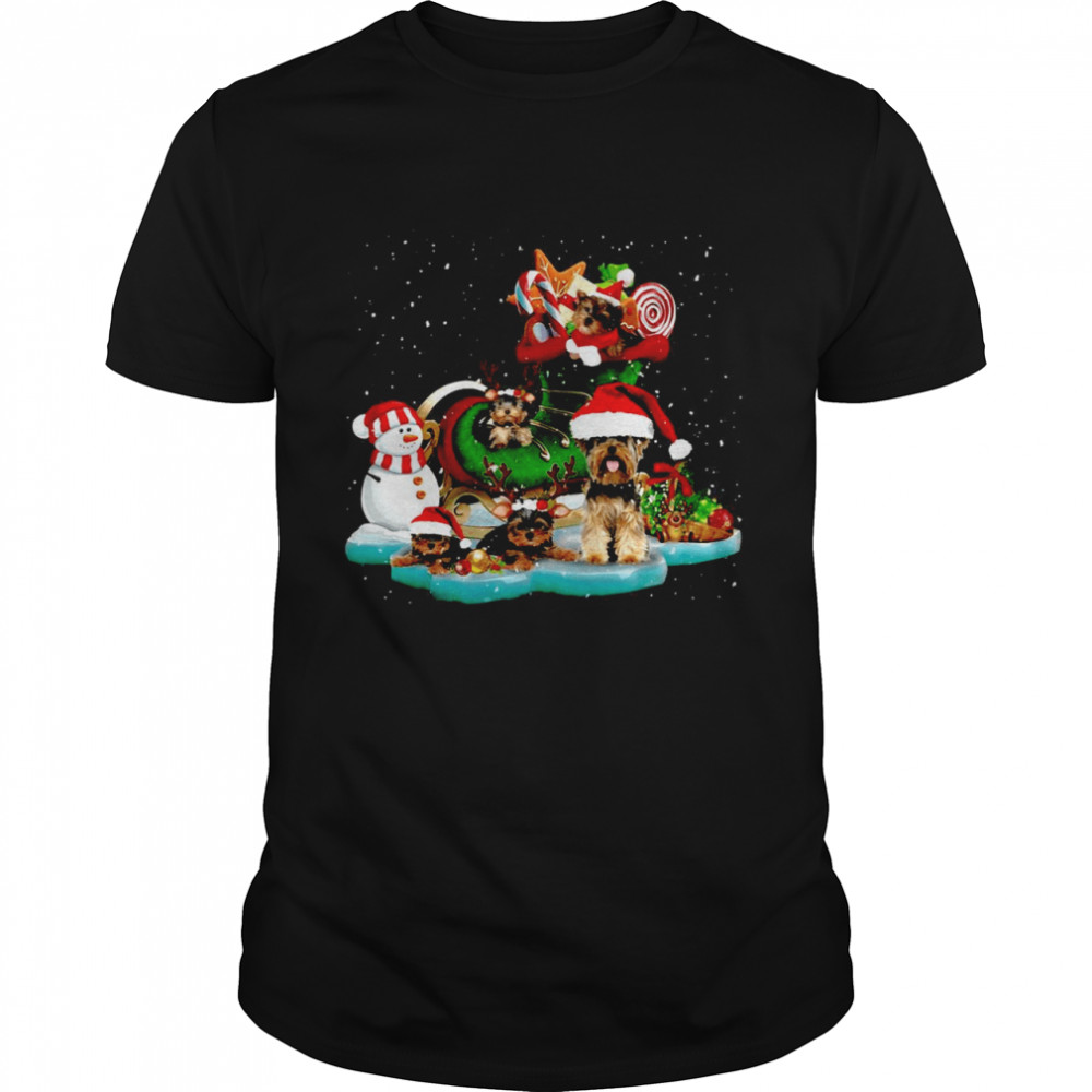 Yorkshire Terriers Playing On The Ice With Skating Shoes And Snowman Christmas Sweater  Classic Men's T-shirt