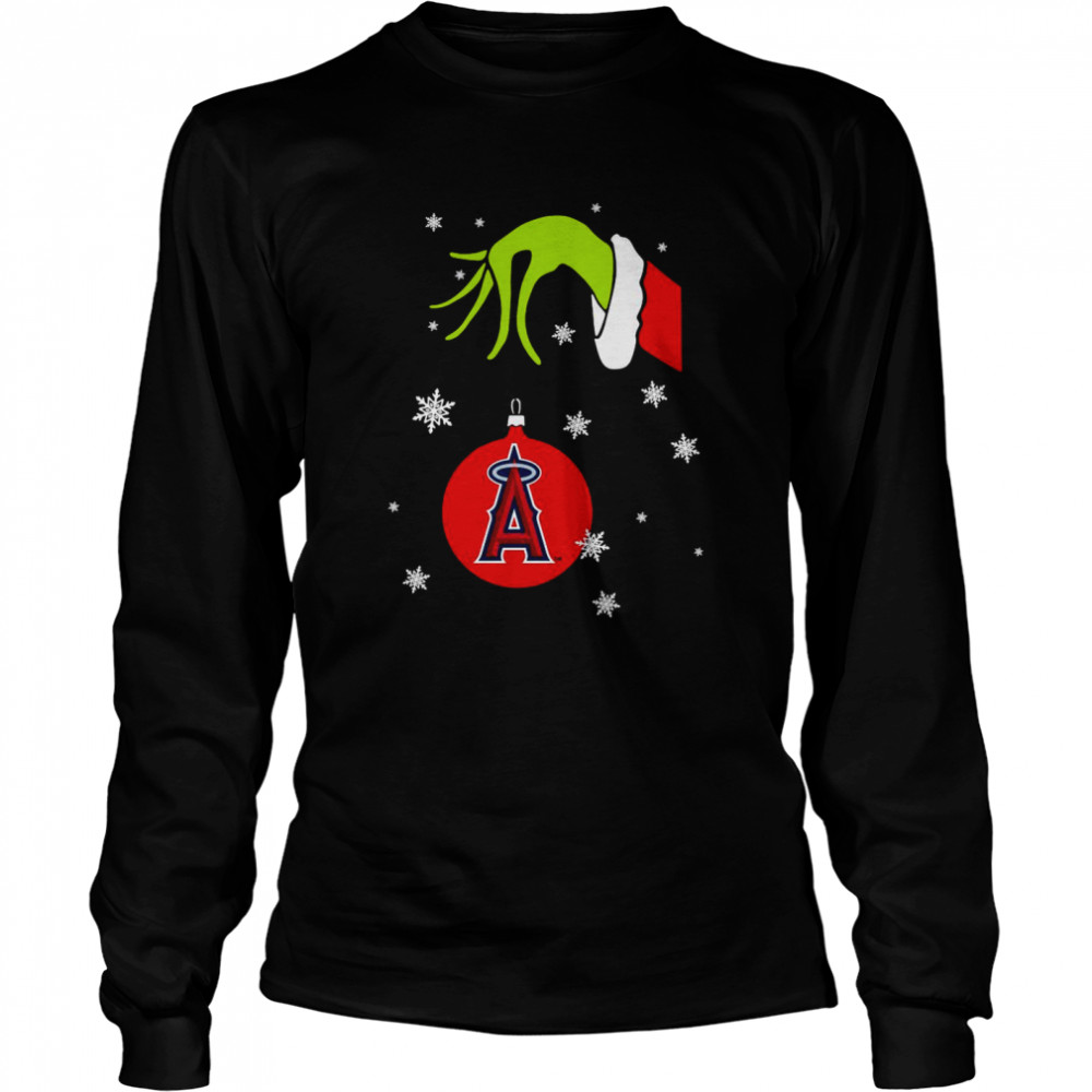 Grinch Hand holding Ornament Los Angeles Angels Snowflake Christmas shirt Long Sleeved T-shirt