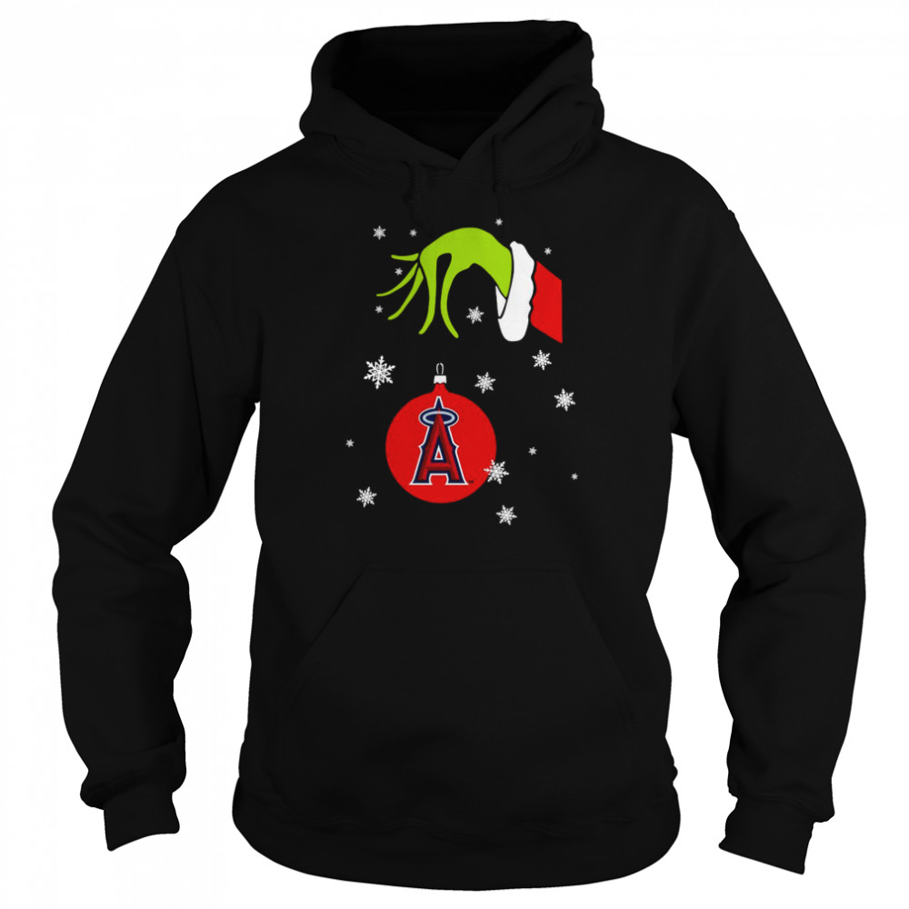 Grinch Hand holding Ornament Los Angeles Angels Snowflake Christmas shirt Unisex Hoodie