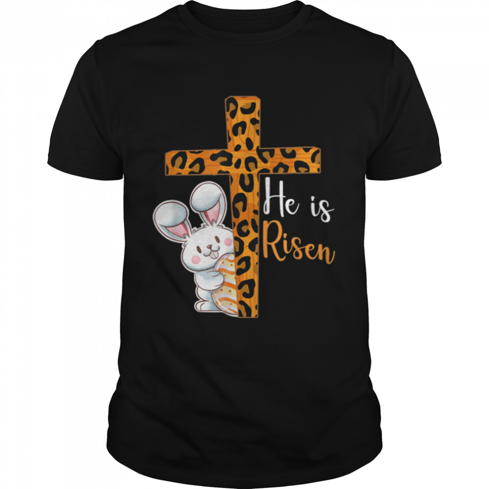 Easter Gift Christian Girls Mom Bunny He is Risen Leopard T-Shirt B09TPR5YFF