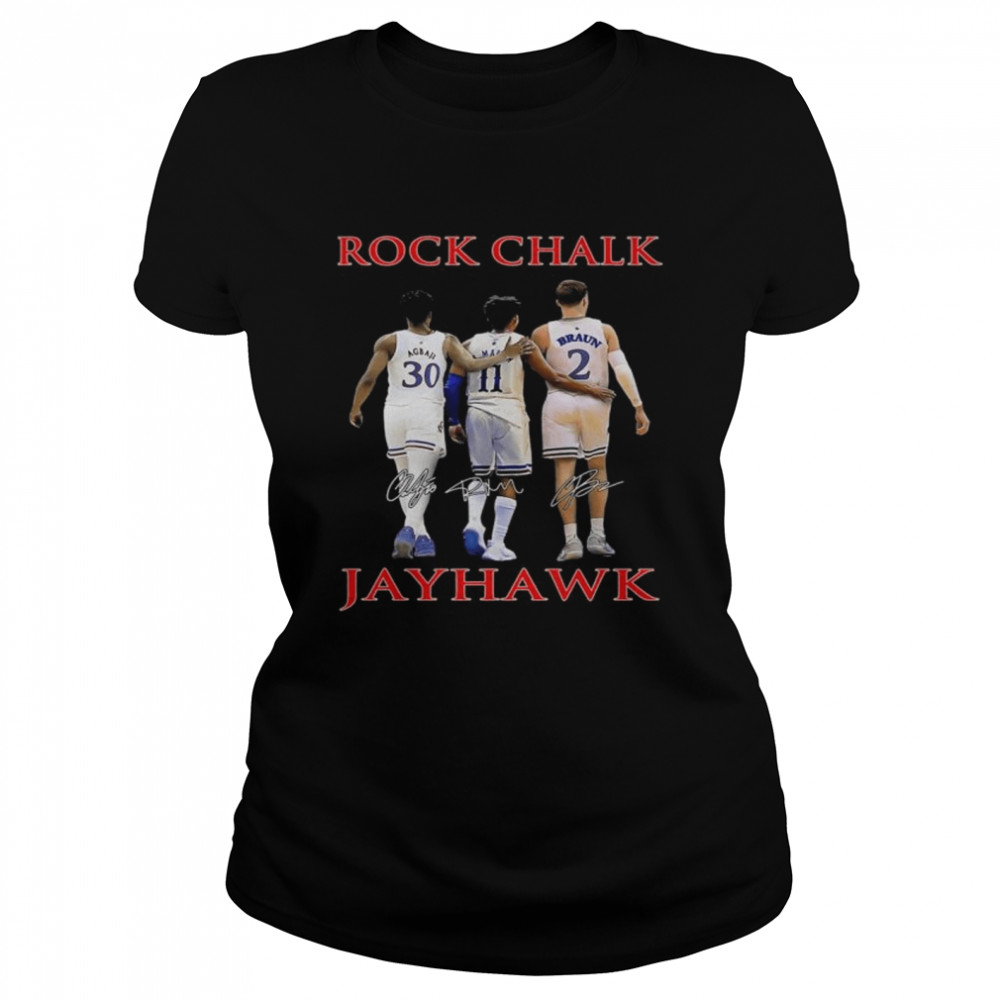 Rock Chalk Kansas Jayhawks Ochai Agbaji Remy Martin And Christian Braun Signatures  Classic Women's T-shirt