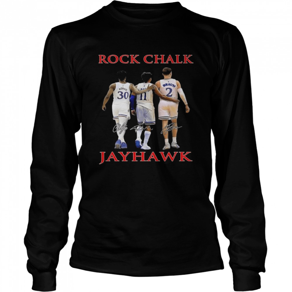 Rock Chalk Kansas Jayhawks Ochai Agbaji Remy Martin And Christian Braun Signatures  Long Sleeved T-shirt