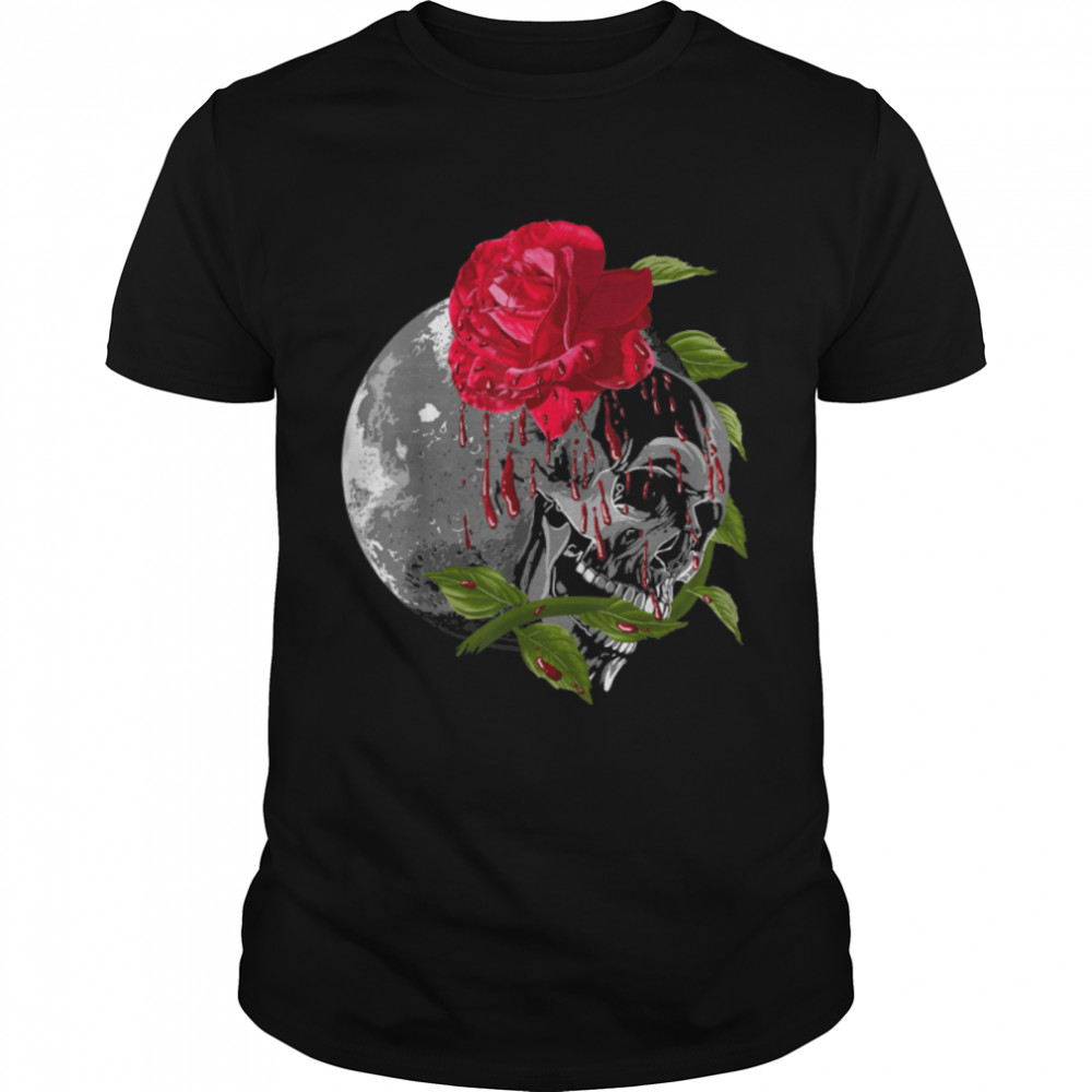 Moon Rose Skull Gothic Illustration Emo Death Metal Punk T-Shirt B09Y1N5QGH