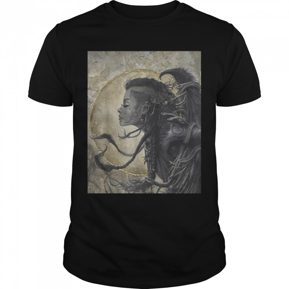 Occult Nordic female warrior with raven on shoulder Runes T-Shirt B0B1JHDWSG