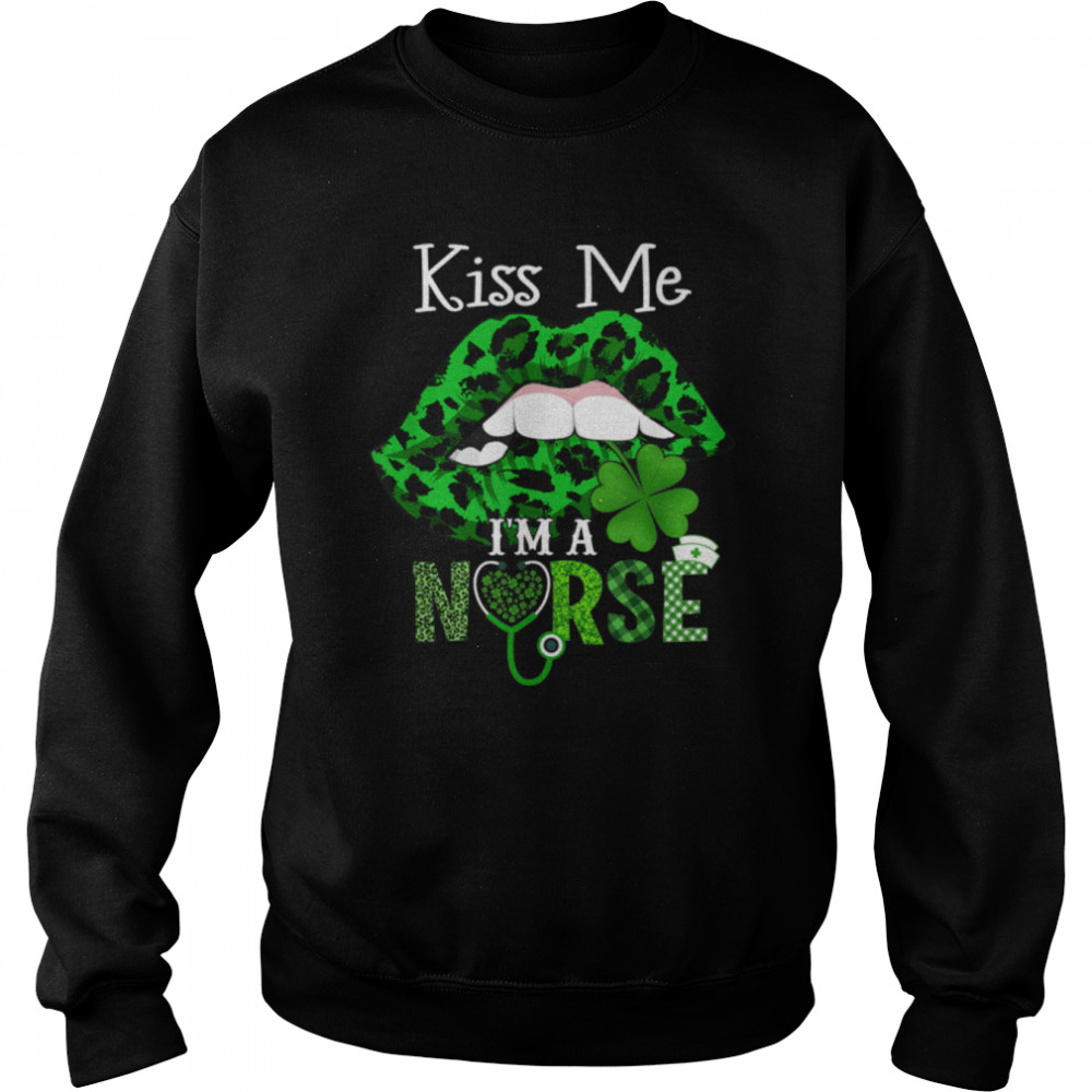 Kiss Me I'm A Nurse Leopard Lips St Patrick's Day Clothes T- B09QG3ZV1Y Unisex Sweatshirt
