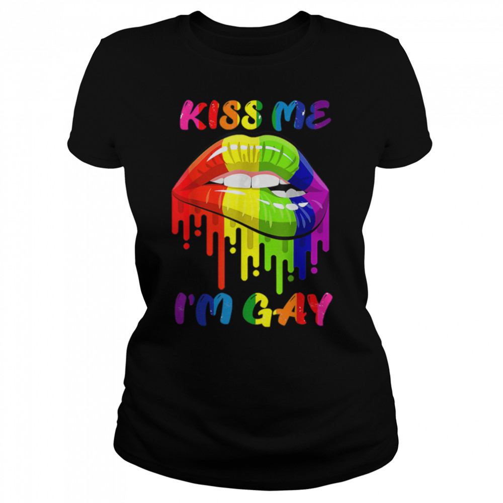 Kiss Me I'm Gay LGBT Pride Rainbow Lips T- B0B39LZWSW Classic Women's T-shirt
